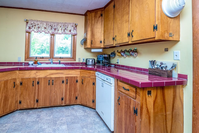 1351 Bobbin Mill Rd, Lunenburg, VT 05906 - kitchen featuring dishwasher, brown cabinetry, and a sink