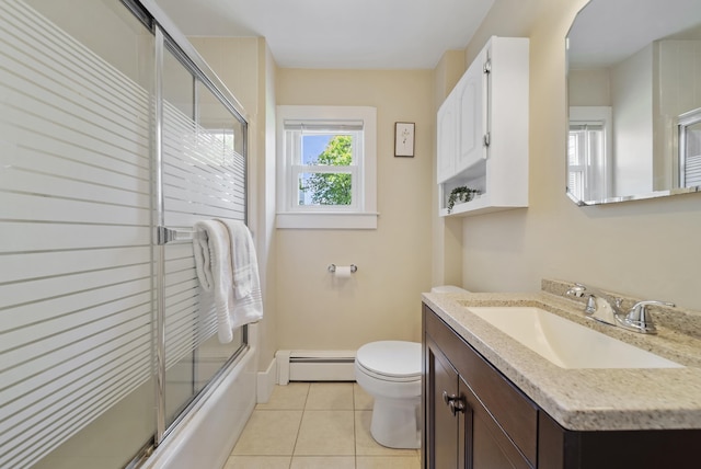 16 Ann Ave, Salem, NH 03079 - bathroom with a baseboard radiator, toilet, tile patterned flooring, vanity, and enclosed tub / shower combo