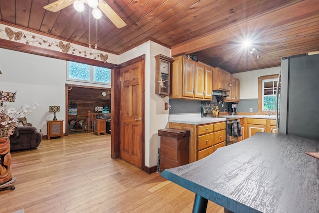72 Beaver Rd, Strafford, NH 03884 - kitchen with appliances with stainless steel finishes, wooden ceiling, a ceiling fan, light countertops, and light wood-style flooring