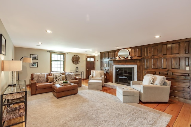 19 Cambridge Rd, Hampstead, NH 03841 - living room featuring light wood finished floors, recessed lighting, and a fireplace