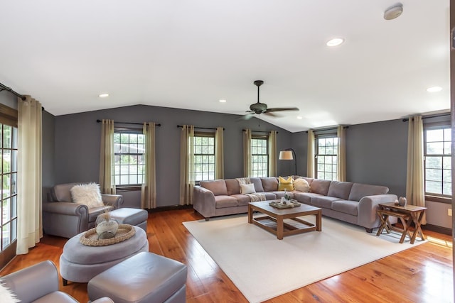 19 Cambridge Rd, Hampstead, NH 03841 - living area with lofted ceiling, light wood-style flooring, ceiling fan, recessed lighting, and baseboards
