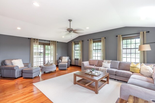 19 Cambridge Rd, Hampstead, NH 03841 - living area featuring vaulted ceiling, light wood-type flooring, ceiling fan, and recessed lighting