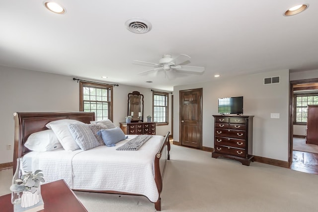 19 Cambridge Rd, Hampstead, NH 03841 - bedroom with recessed lighting, light colored carpet, baseboards, and ceiling fan