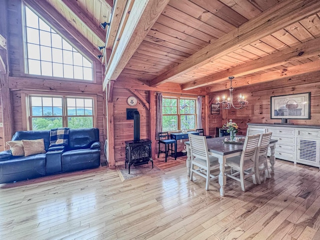 93 Rowell Hill Rd, New London, NH 03257 - dining space with a wood stove, wooden walls, light wood-type flooring, a chandelier, and wooden ceiling with exposed beams