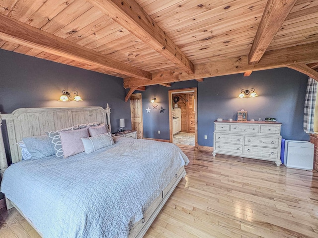93 Rowell Hill Rd, New London, NH 03257 - bedroom with wooden ceiling with exposed beams, wood finished floors, baseboards, and ensuite bath