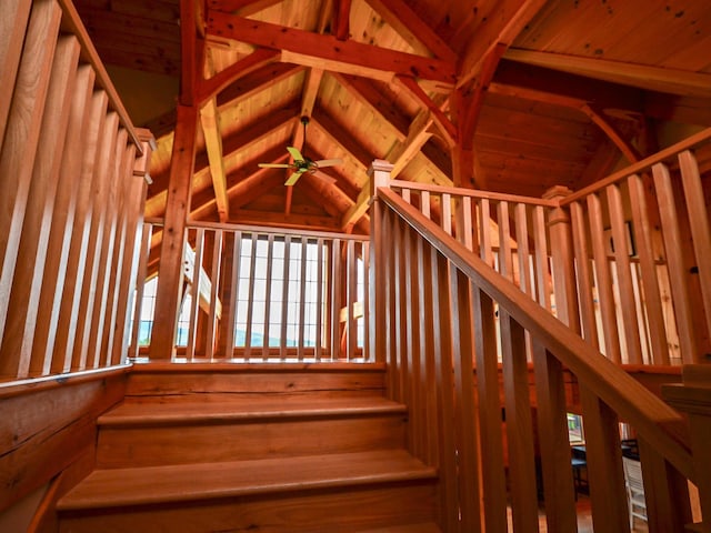 93 Rowell Hill Rd, New London, NH 03257 - stairway featuring a ceiling fan and wood ceiling