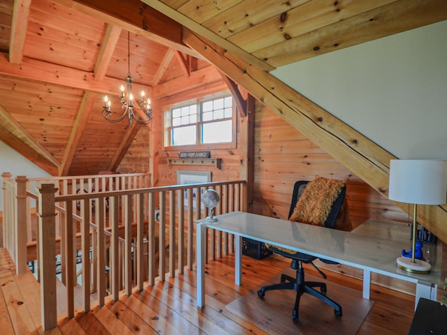 93 Rowell Hill Rd, New London, NH 03257 - home office featuring wood ceiling, a chandelier, hardwood / wood-style floors, and wooden walls