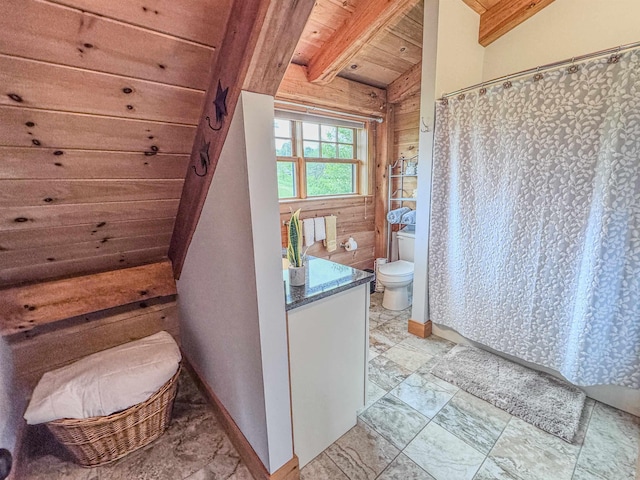 93 Rowell Hill Rd, New London, NH 03257 - full bath featuring toilet, wooden ceiling with exposed beams, vanity, baseboards, and a shower with shower curtain