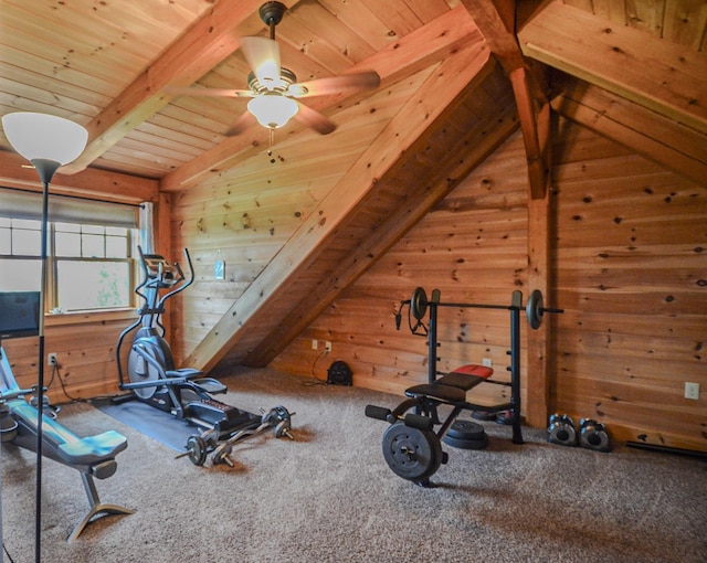 93 Rowell Hill Rd, New London, NH 03257 - workout room featuring wooden walls, lofted ceiling, wood ceiling, carpet, and a ceiling fan