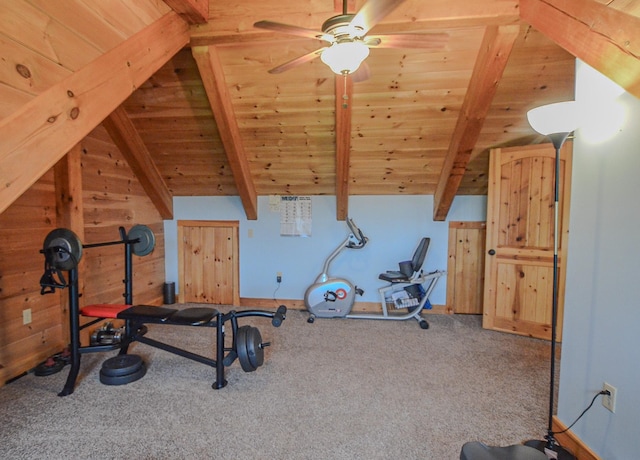 93 Rowell Hill Rd, New London, NH 03257 - exercise room featuring wooden ceiling, carpet flooring, lofted ceiling, and ceiling fan