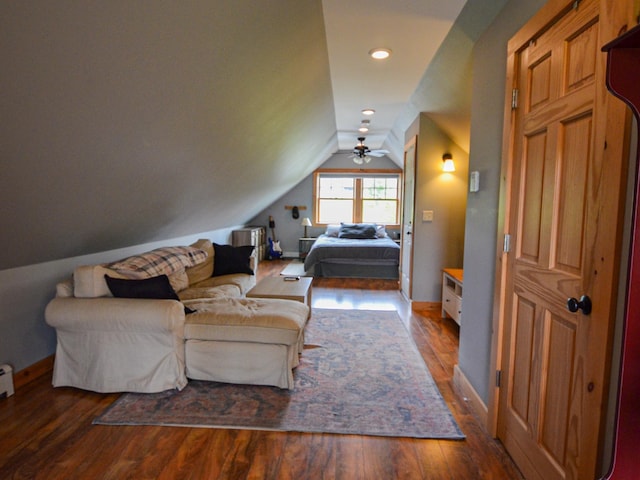 93 Rowell Hill Rd, New London, NH 03257 - bedroom with vaulted ceiling, wood finished floors, baseboards, and a ceiling fan