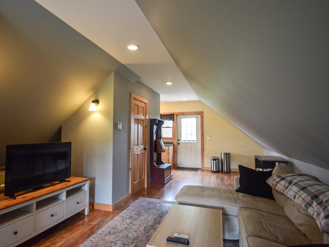 93 Rowell Hill Rd, New London, NH 03257 - living room with baseboards, dark wood-style floors, vaulted ceiling, and recessed lighting