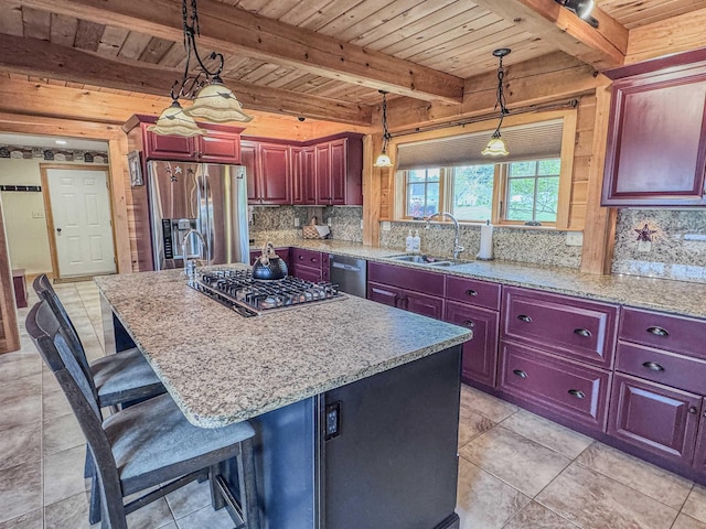 93 Rowell Hill Rd, New London, NH 03257 - kitchen featuring stainless steel appliances, a sink, wood ceiling with exposed beams, decorative backsplash, and reddish brown cabinets