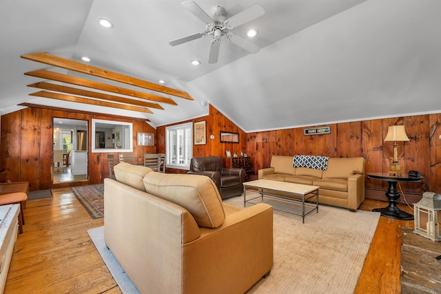 92 Mace Rd, Hampton, NH 03842 - living room with wood-type flooring, wood walls, lofted ceiling, a ceiling fan, and recessed lighting