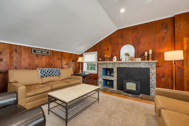 92 Mace Rd, Hampton, NH 03842 - living room with wooden walls, vaulted ceiling, and wood finished floors