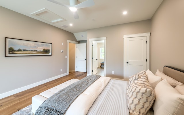 60 White Oaks Rd Unit 26, Laconia, NH 03246 - bedroom with attic access, wood finished floors, baseboards, recessed lighting, and ceiling fan