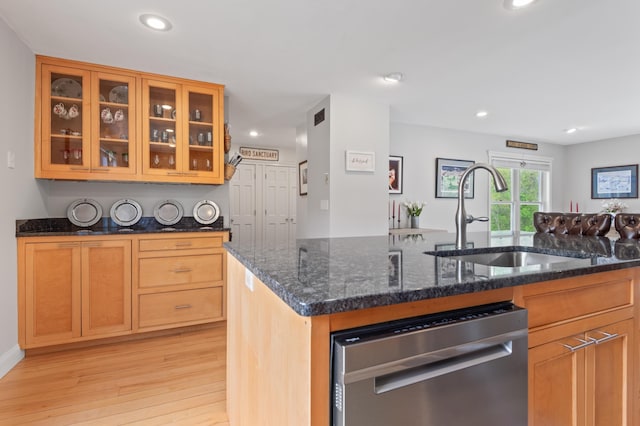 345 Williams Rd, Littleton, NH 03561 - kitchen with a sink, dishwasher, light wood-type flooring, glass insert cabinets, and recessed lighting