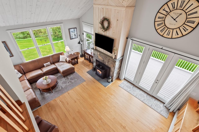 345 Williams Rd, Littleton, NH 03561 - living room with vaulted ceiling, wood finished floors, wood ceiling, and french doors