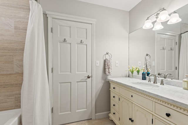 345 Williams Rd, Littleton, NH 03561 - full bathroom featuring vanity, shower / bathtub combination with curtain, and a chandelier