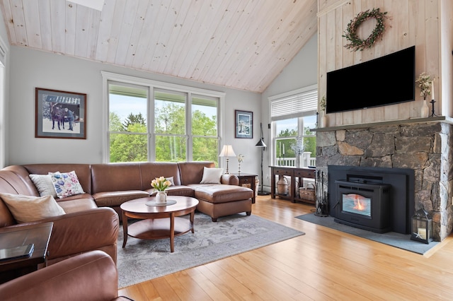 345 Williams Rd, Littleton, NH 03561 - living area with wood finished floors, wood ceiling, and high vaulted ceiling