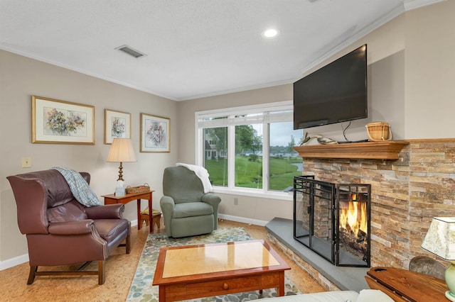 51 Cardinal Dr Unit B, Laconia, NH 03246 - living area with a fireplace, baseboards, crown molding, and recessed lighting