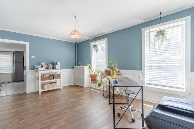 12 Harvard St, Exeter, NH 03862 - office with ornamental molding, a wainscoted wall, wood finished floors, and a decorative wall