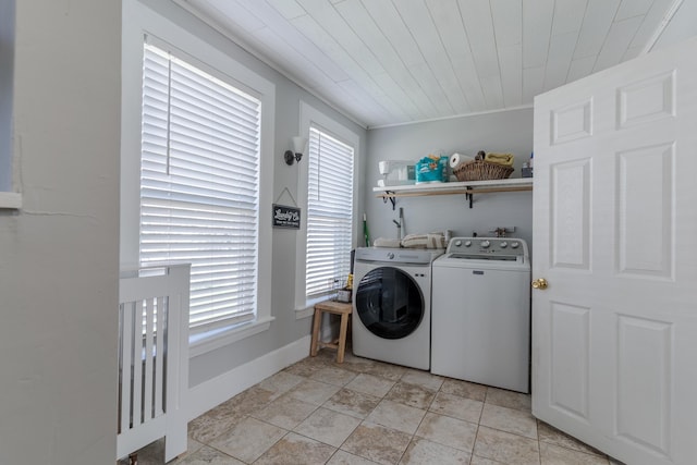 12 Harvard St, Exeter, NH 03862 - washroom featuring washer and clothes dryer, plenty of natural light, baseboards, and wood ceiling