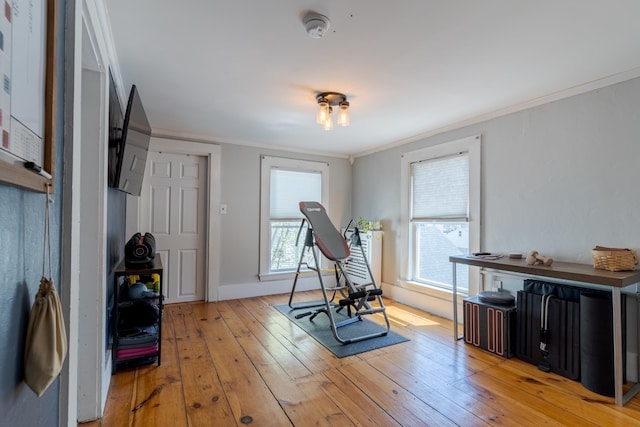 12 Harvard St, Exeter, NH 03862 - workout room with light wood-type flooring and ornamental molding