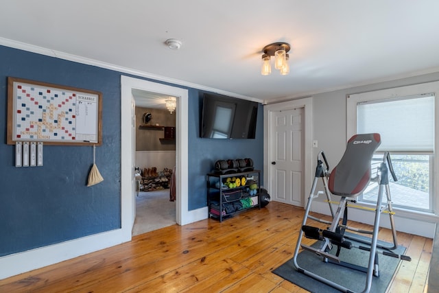 12 Harvard St, Exeter, NH 03862 - workout room with light wood finished floors, ornamental molding, and baseboards