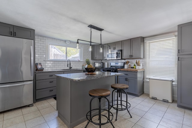 12 Harvard St, Exeter, NH 03862 - kitchen featuring appliances with stainless steel finishes, gray cabinets, a sink, and backsplash