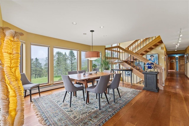 83 Dewey Farm Rd, Stowe, VT 05672 - dining room featuring a baseboard heating unit, plenty of natural light, wood finished floors, recessed lighting, and stairway