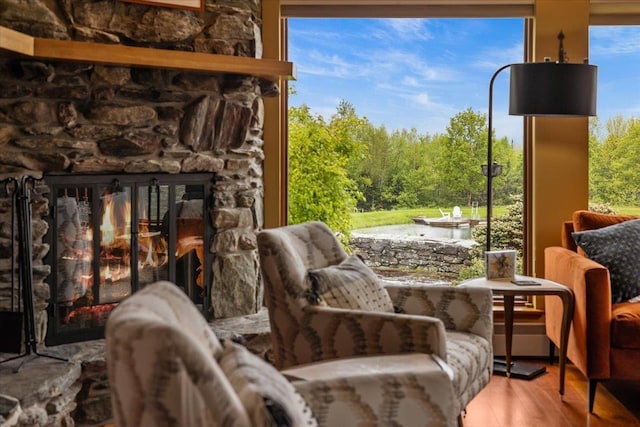 83 Dewey Farm Rd, Stowe, VT 05672 - sitting room featuring an outdoor stone fireplace and wood finished floors