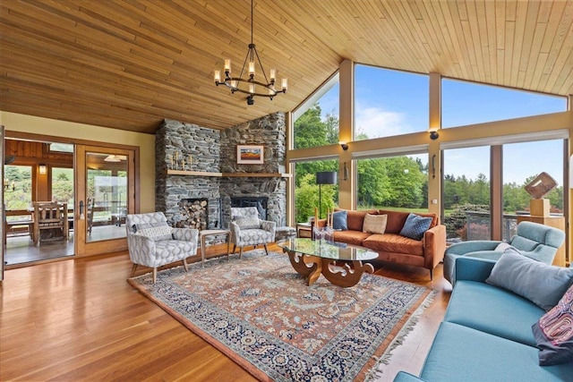 83 Dewey Farm Rd, Stowe, VT 05672 - living area with wood ceiling, high vaulted ceiling, healthy amount of natural light, a fireplace, and wood finished floors