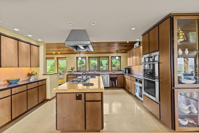 83 Dewey Farm Rd, Stowe, VT 05672 - kitchen with stainless steel appliances, an island with sink, island range hood, recessed lighting, and dark countertops