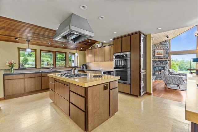 83 Dewey Farm Rd, Stowe, VT 05672 - kitchen with island range hood, wood ceiling, a sink, lofted ceiling, and appliances with stainless steel finishes