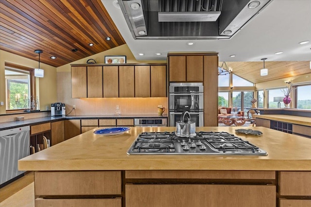83 Dewey Farm Rd, Stowe, VT 05672 - kitchen featuring vaulted ceiling, appliances with stainless steel finishes, healthy amount of natural light, hanging light fixtures, and wood ceiling