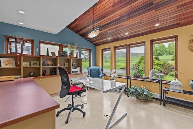 83 Dewey Farm Rd, Stowe, VT 05672 - home office with lofted ceiling, healthy amount of natural light, finished concrete floors, wooden ceiling, and recessed lighting