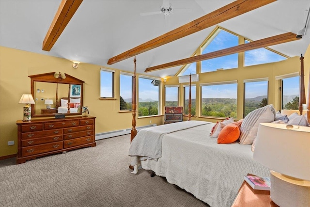 83 Dewey Farm Rd, Stowe, VT 05672 - carpeted bedroom with a baseboard heating unit, baseboards, and a mountain view