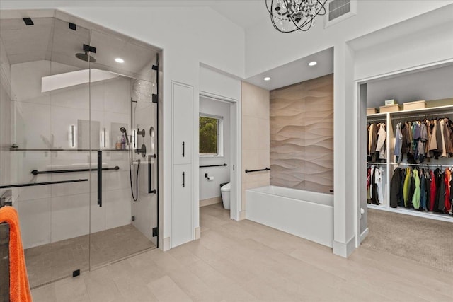 83 Dewey Farm Rd, Stowe, VT 05672 - full bathroom featuring a shower stall, a spacious closet, toilet, a bath, and recessed lighting