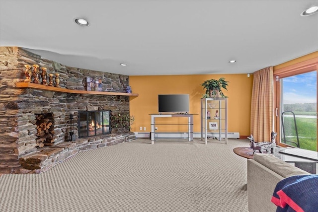 83 Dewey Farm Rd, Stowe, VT 05672 - living area with baseboards, a fireplace, carpet floors, and recessed lighting