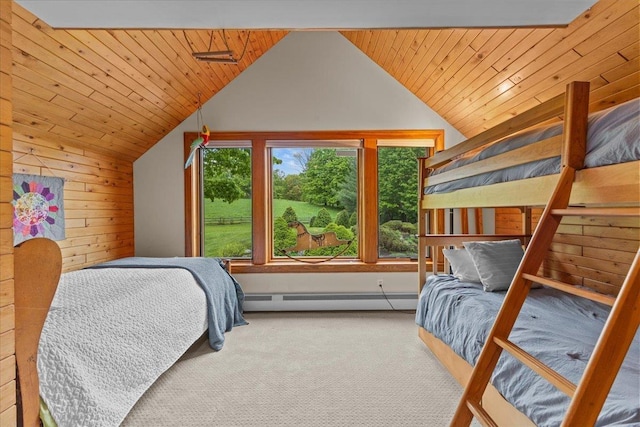 83 Dewey Farm Rd, Stowe, VT 05672 - bedroom featuring carpet, a baseboard heating unit, vaulted ceiling, wood ceiling, and wood walls