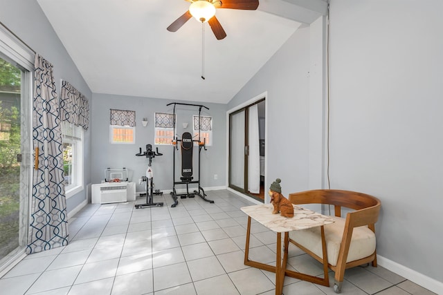 4 Johns Dr Unit A, Hooksett, NH 03106 - workout area with vaulted ceiling, a ceiling fan, baseboards, and light tile patterned flooring