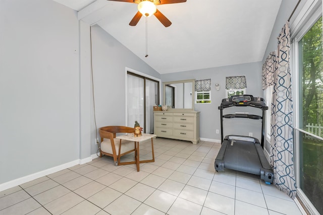 4 Johns Dr Unit A, Hooksett, NH 03106 - exercise room with lofted ceiling, a ceiling fan, baseboards, and light tile patterned floors