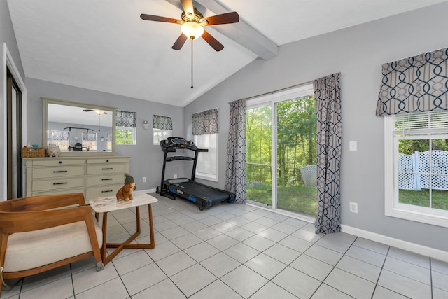 4 Johns Dr Unit A, Hooksett, NH 03106 - exercise room with a ceiling fan, lofted ceiling, healthy amount of natural light, light tile patterned flooring, and baseboards