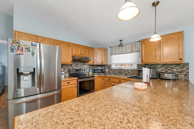 4 Johns Dr Unit A, Hooksett, NH 03106 - kitchen with appliances with stainless steel finishes, a sink, under cabinet range hood, tasteful backsplash, and vaulted ceiling
