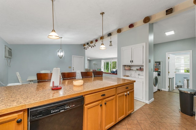 4 Johns Dr Unit A, Hooksett, NH 03106 - kitchen featuring black dishwasher, light countertops, light tile patterned floors, hanging light fixtures, and vaulted ceiling