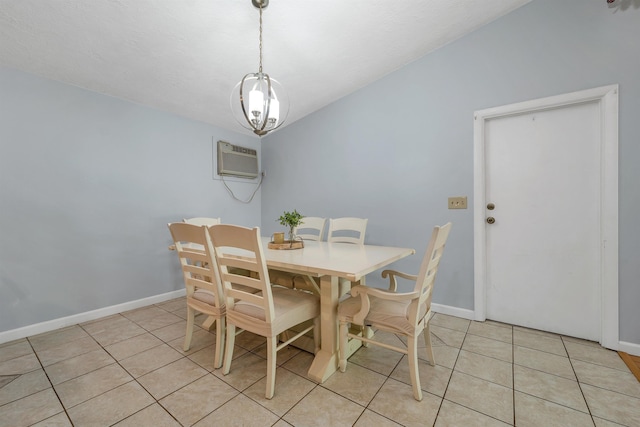 4 Johns Dr Unit A, Hooksett, NH 03106 - dining space with light tile patterned floors, baseboards, a chandelier, an AC wall unit, and lofted ceiling