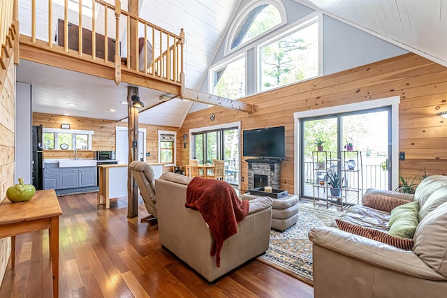 72 Auclair Rd, Middleton, NH 03887 - living room with wood walls, dark wood-style flooring, high vaulted ceiling, and a fireplace