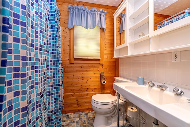 72 Auclair Rd, Middleton, NH 03887 - bathroom with toilet, wood walls, a sink, and tasteful backsplash