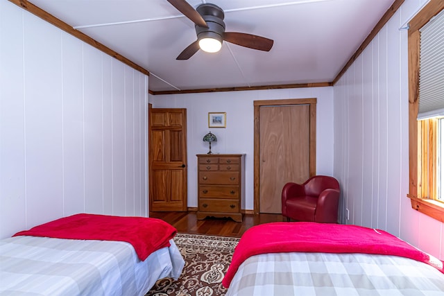 72 Auclair Rd, Middleton, NH 03887 - bedroom with wood finished floors, a ceiling fan, and crown molding